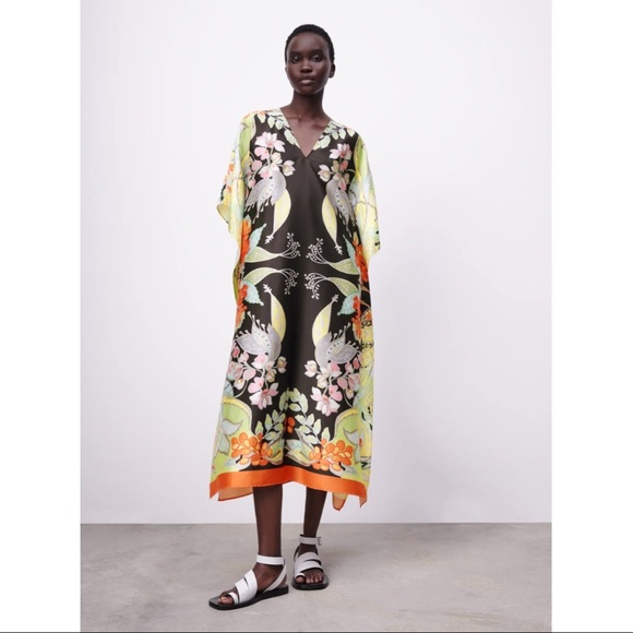 Zara Dresses & Skirts - Zara RARE Multicolored Floral Printed Asian Satin Kimono Kaftan Scarf Midi Dress